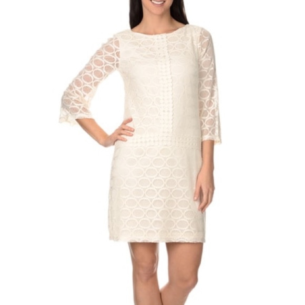 London Times Women's Ivory 3/4 Length Sleeves Lace Dot Shift Dress